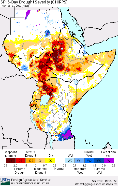 Eastern Africa SPI 5-Day Drought Severity (CHIRPS) Thematic Map For 5/26/2021 - 5/31/2021