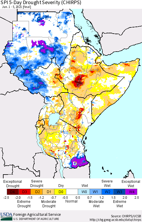 Eastern Africa SPI 5-Day Drought Severity (CHIRPS) Thematic Map For 6/1/2021 - 6/5/2021