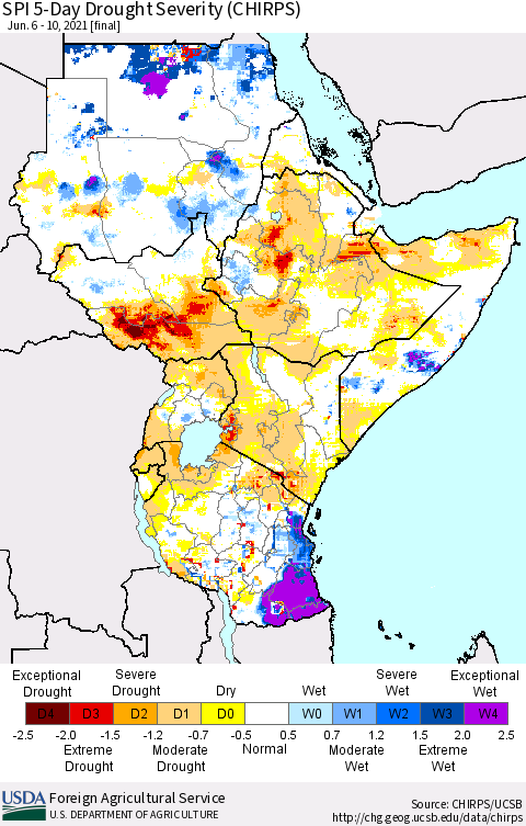 Eastern Africa SPI 5-Day Drought Severity (CHIRPS) Thematic Map For 6/6/2021 - 6/10/2021