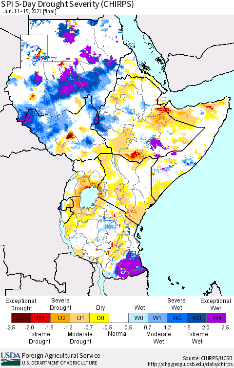 Eastern Africa SPI 5-Day Drought Severity (CHIRPS) Thematic Map For 6/11/2021 - 6/15/2021