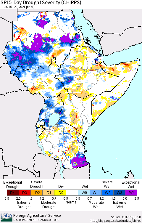 Eastern Africa SPI 5-Day Drought Severity (CHIRPS) Thematic Map For 6/16/2021 - 6/20/2021