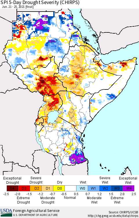 Eastern Africa SPI 5-Day Drought Severity (CHIRPS) Thematic Map For 6/21/2021 - 6/25/2021