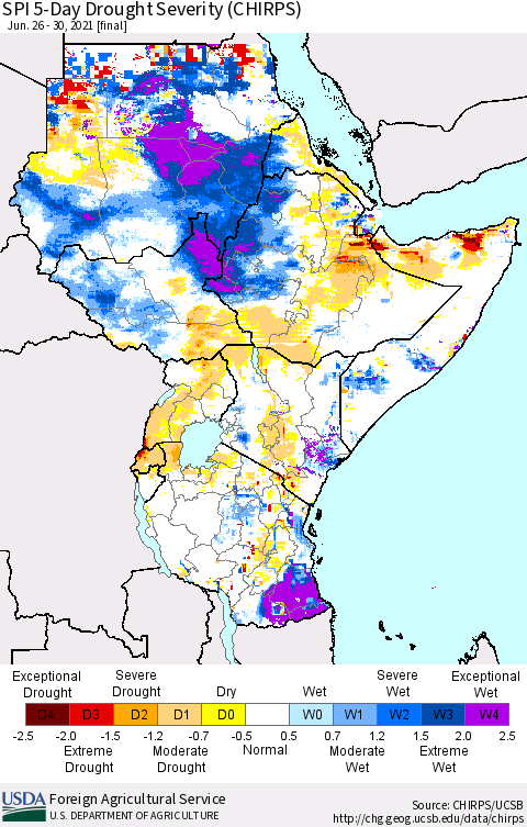 Eastern Africa SPI 5-Day Drought Severity (CHIRPS) Thematic Map For 6/26/2021 - 6/30/2021