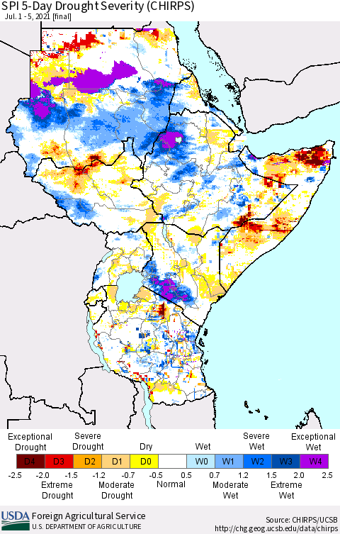 Eastern Africa SPI 5-Day Drought Severity (CHIRPS) Thematic Map For 7/1/2021 - 7/5/2021