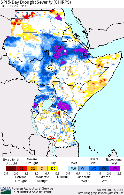 Eastern Africa SPI 5-Day Drought Severity (CHIRPS) Thematic Map For 7/6/2021 - 7/10/2021