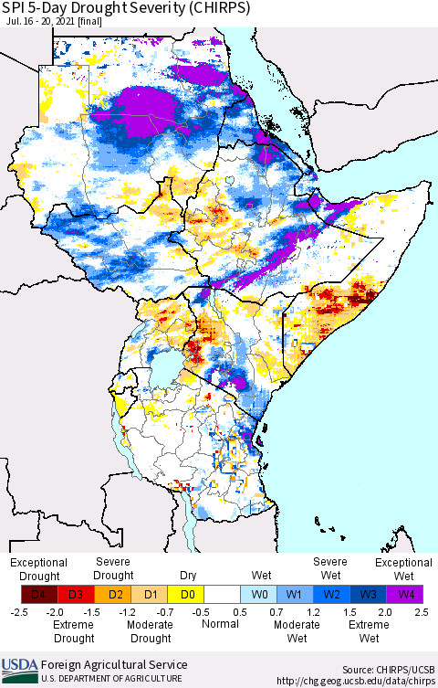Eastern Africa SPI 5-Day Drought Severity (CHIRPS) Thematic Map For 7/16/2021 - 7/20/2021