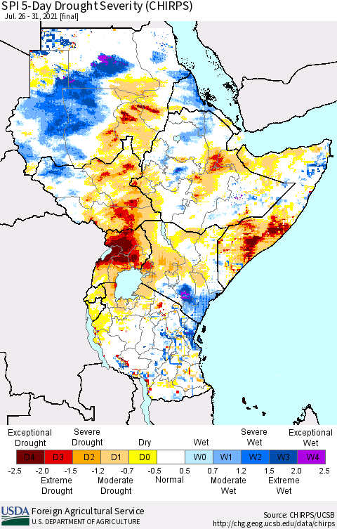 Eastern Africa SPI 5-Day Drought Severity (CHIRPS) Thematic Map For 7/26/2021 - 7/31/2021