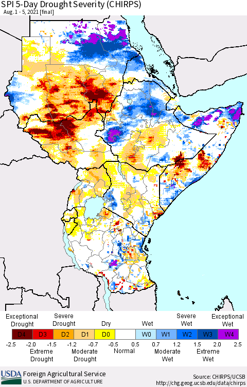 Eastern Africa SPI 5-Day Drought Severity (CHIRPS) Thematic Map For 8/1/2021 - 8/5/2021