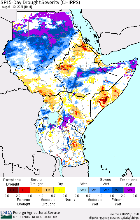 Eastern Africa SPI 5-Day Drought Severity (CHIRPS) Thematic Map For 8/6/2021 - 8/10/2021