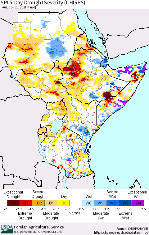 Eastern Africa SPI 5-Day Drought Severity (CHIRPS) Thematic Map For 8/16/2021 - 8/20/2021