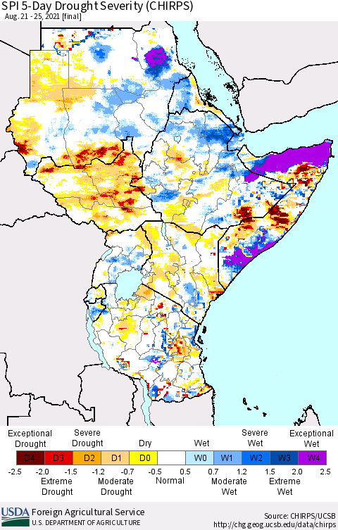 Eastern Africa SPI 5-Day Drought Severity (CHIRPS) Thematic Map For 8/21/2021 - 8/25/2021