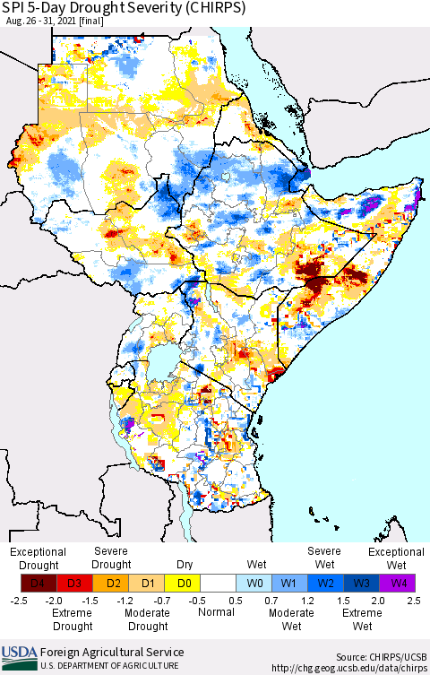 Eastern Africa SPI 5-Day Drought Severity (CHIRPS) Thematic Map For 8/26/2021 - 8/31/2021