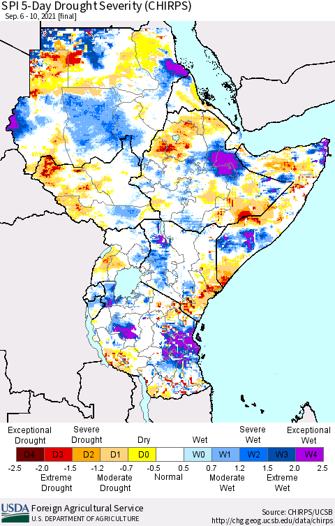 Eastern Africa SPI 5-Day Drought Severity (CHIRPS) Thematic Map For 9/6/2021 - 9/10/2021