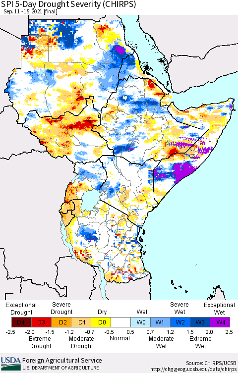 Eastern Africa SPI 5-Day Drought Severity (CHIRPS) Thematic Map For 9/11/2021 - 9/15/2021