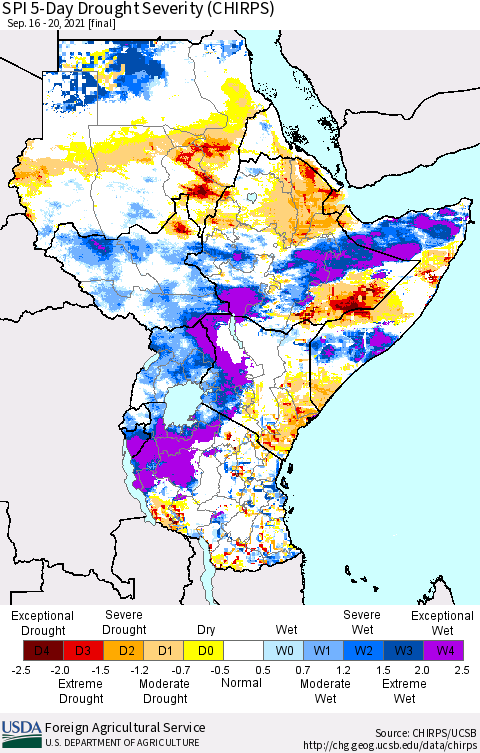 Eastern Africa SPI 5-Day Drought Severity (CHIRPS) Thematic Map For 9/16/2021 - 9/20/2021