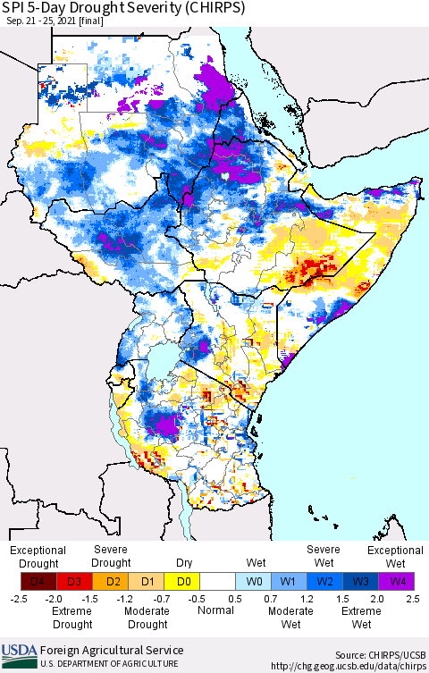 Eastern Africa SPI 5-Day Drought Severity (CHIRPS) Thematic Map For 9/21/2021 - 9/25/2021