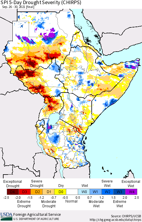 Eastern Africa SPI 5-Day Drought Severity (CHIRPS) Thematic Map For 9/26/2021 - 9/30/2021