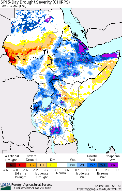 Eastern Africa SPI 5-Day Drought Severity (CHIRPS) Thematic Map For 10/1/2021 - 10/5/2021