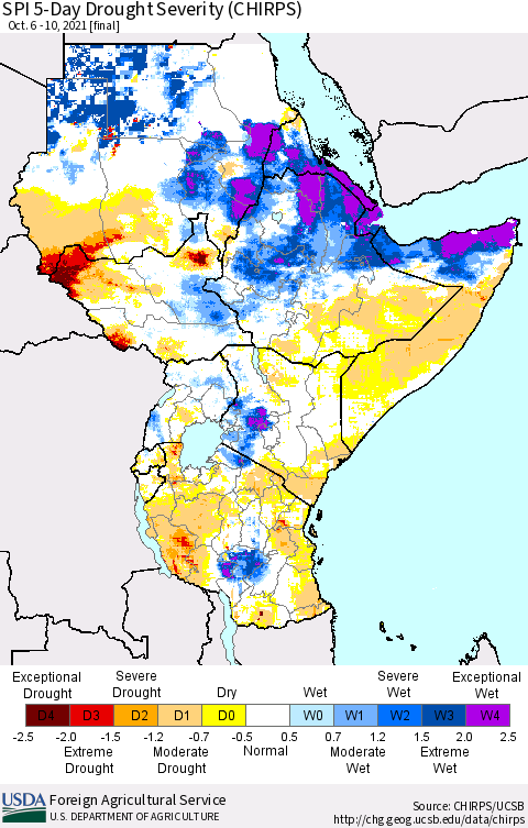 Eastern Africa SPI 5-Day Drought Severity (CHIRPS) Thematic Map For 10/6/2021 - 10/10/2021