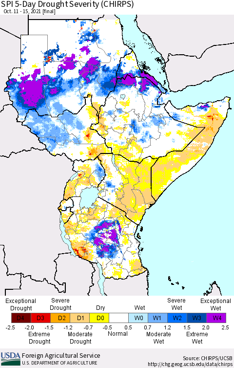 Eastern Africa SPI 5-Day Drought Severity (CHIRPS) Thematic Map For 10/11/2021 - 10/15/2021
