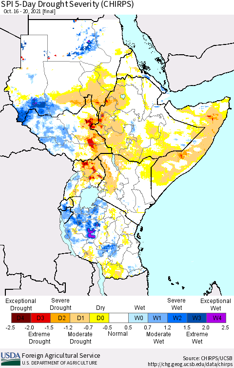 Eastern Africa SPI 5-Day Drought Severity (CHIRPS) Thematic Map For 10/16/2021 - 10/20/2021