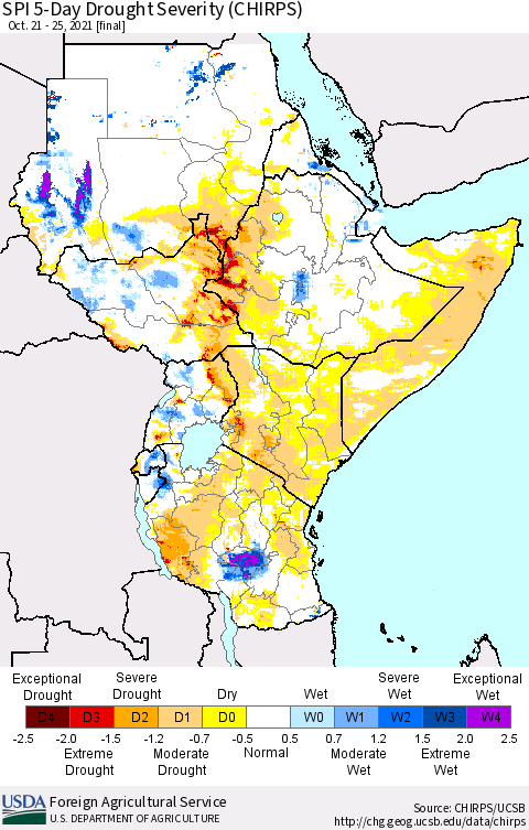 Eastern Africa SPI 5-Day Drought Severity (CHIRPS) Thematic Map For 10/21/2021 - 10/25/2021