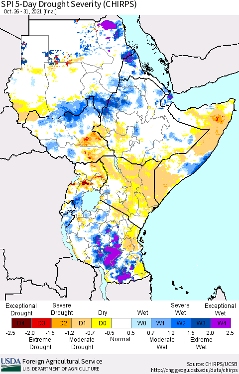 Eastern Africa SPI 5-Day Drought Severity (CHIRPS) Thematic Map For 10/26/2021 - 10/31/2021