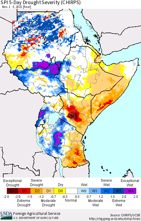 Eastern Africa SPI 5-Day Drought Severity (CHIRPS) Thematic Map For 11/1/2021 - 11/5/2021