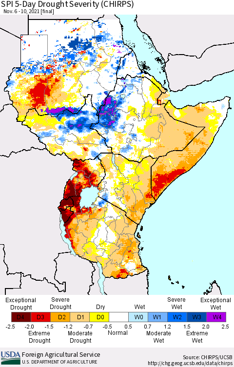 Eastern Africa SPI 5-Day Drought Severity (CHIRPS) Thematic Map For 11/6/2021 - 11/10/2021