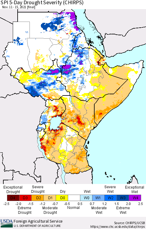 Eastern Africa SPI 5-Day Drought Severity (CHIRPS) Thematic Map For 11/11/2021 - 11/15/2021