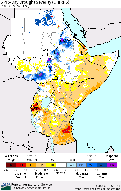 Eastern Africa SPI 5-Day Drought Severity (CHIRPS) Thematic Map For 11/16/2021 - 11/20/2021