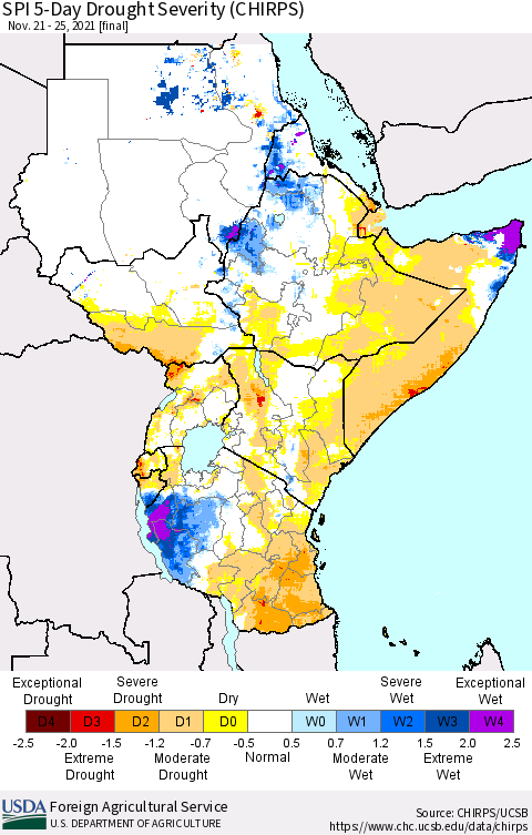 Eastern Africa SPI 5-Day Drought Severity (CHIRPS) Thematic Map For 11/21/2021 - 11/25/2021