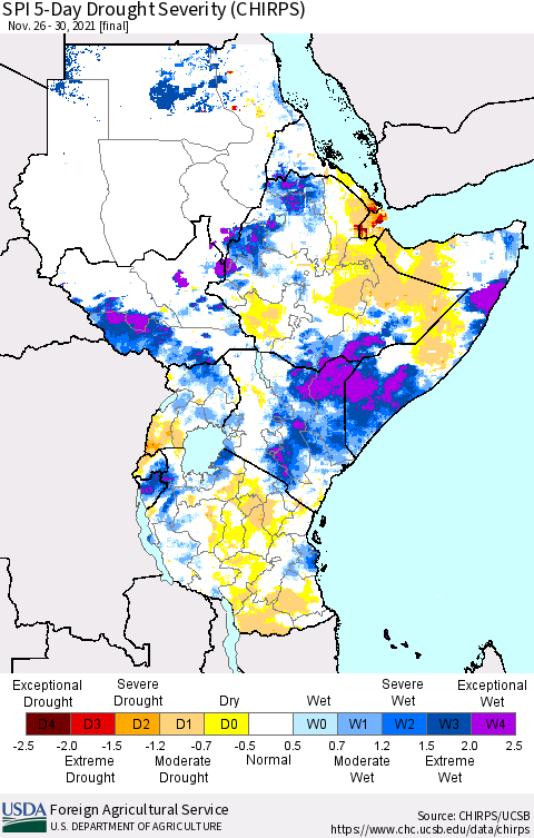 Eastern Africa SPI 5-Day Drought Severity (CHIRPS) Thematic Map For 11/26/2021 - 11/30/2021
