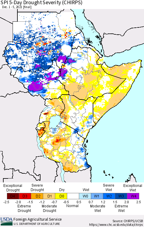 Eastern Africa SPI 5-Day Drought Severity (CHIRPS) Thematic Map For 12/1/2021 - 12/5/2021