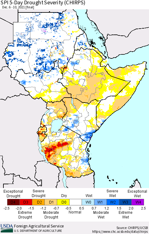 Eastern Africa SPI 5-Day Drought Severity (CHIRPS) Thematic Map For 12/6/2021 - 12/10/2021