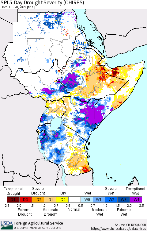 Eastern Africa SPI 5-Day Drought Severity (CHIRPS) Thematic Map For 12/16/2021 - 12/20/2021