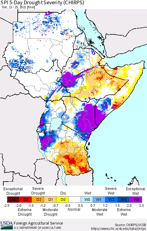 Eastern Africa SPI 5-Day Drought Severity (CHIRPS) Thematic Map For 12/21/2021 - 12/25/2021