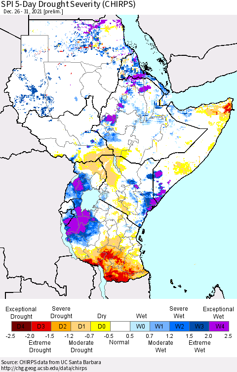 Eastern Africa SPI 5-Day Drought Severity (CHIRPS) Thematic Map For 12/26/2021 - 12/31/2021