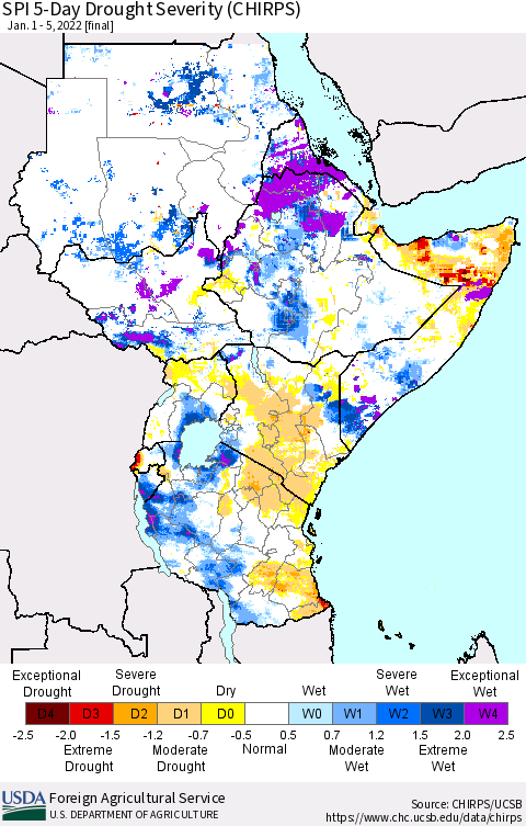 Eastern Africa SPI 5-Day Drought Severity (CHIRPS) Thematic Map For 1/1/2022 - 1/5/2022