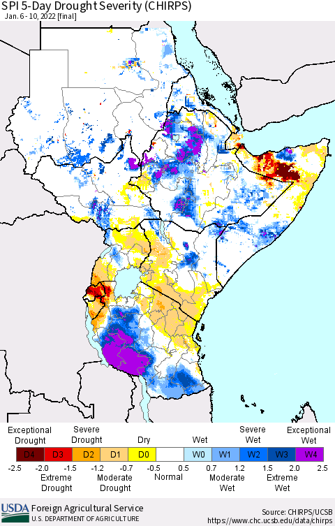 Eastern Africa SPI 5-Day Drought Severity (CHIRPS) Thematic Map For 1/6/2022 - 1/10/2022