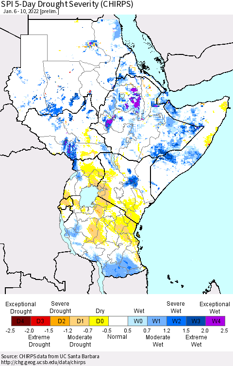 Eastern Africa SPI 5-Day Drought Severity (CHIRPS) Thematic Map For 1/6/2022 - 1/10/2022