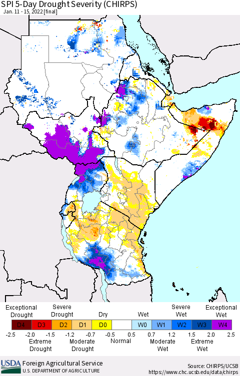 Eastern Africa SPI 5-Day Drought Severity (CHIRPS) Thematic Map For 1/11/2022 - 1/15/2022