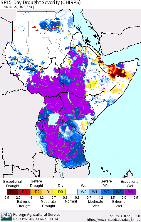 Eastern Africa SPI 5-Day Drought Severity (CHIRPS) Thematic Map For 1/16/2022 - 1/20/2022