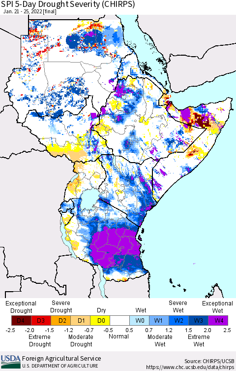 Eastern Africa SPI 5-Day Drought Severity (CHIRPS) Thematic Map For 1/21/2022 - 1/25/2022