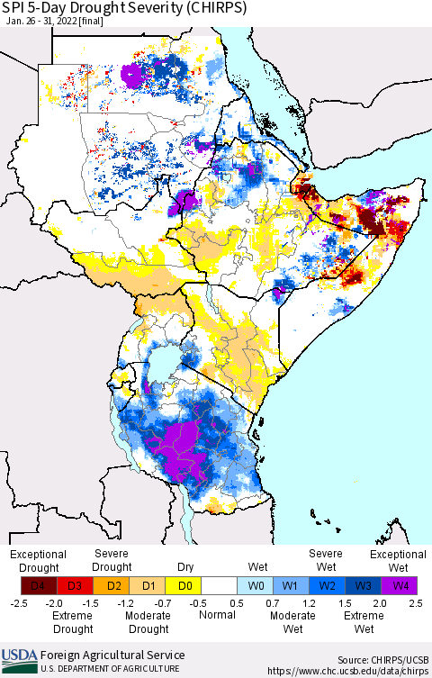 Eastern Africa SPI 5-Day Drought Severity (CHIRPS) Thematic Map For 1/26/2022 - 1/31/2022