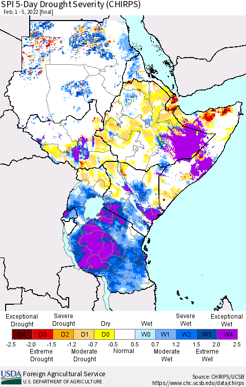 Eastern Africa SPI 5-Day Drought Severity (CHIRPS) Thematic Map For 2/1/2022 - 2/5/2022