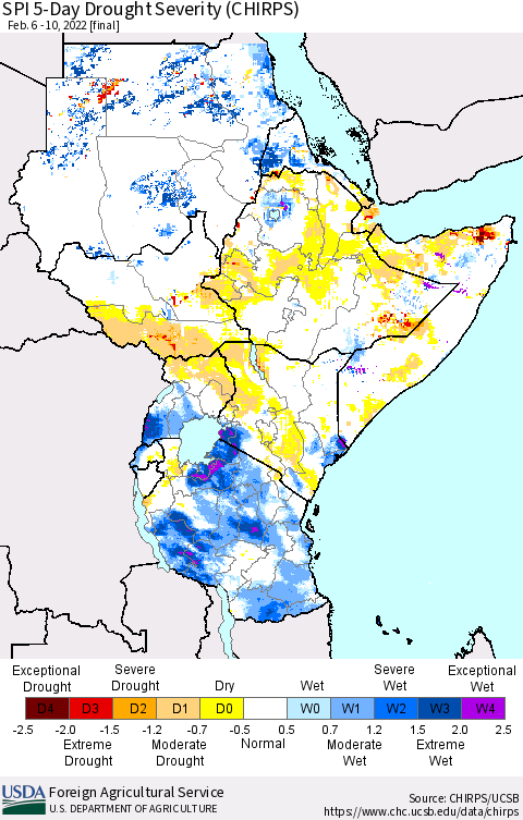 Eastern Africa SPI 5-Day Drought Severity (CHIRPS) Thematic Map For 2/6/2022 - 2/10/2022