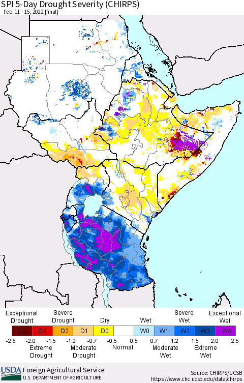 Eastern Africa SPI 5-Day Drought Severity (CHIRPS) Thematic Map For 2/11/2022 - 2/15/2022