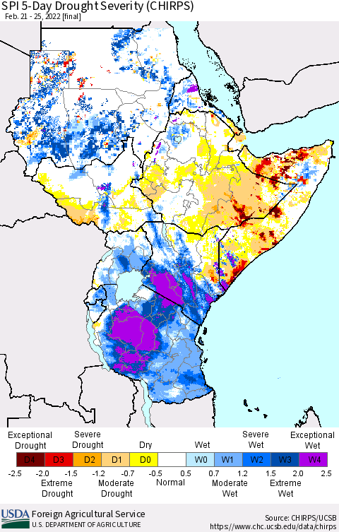 Eastern Africa SPI 5-Day Drought Severity (CHIRPS) Thematic Map For 2/21/2022 - 2/25/2022