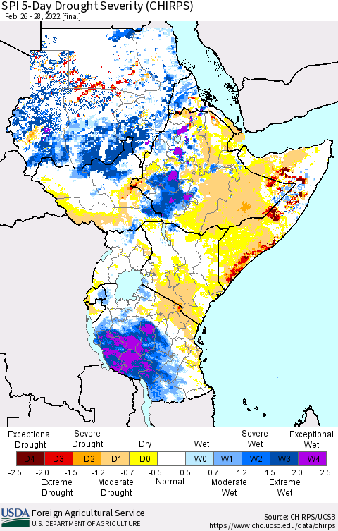 Eastern Africa SPI 5-Day Drought Severity (CHIRPS) Thematic Map For 2/26/2022 - 2/28/2022